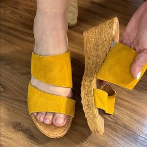 Mariella Yellow Suede Double-Strap Wedge Sandals for Women